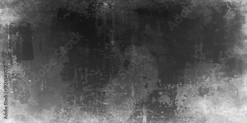 A dark and aged grunge wall features a rough textured surface of old concrete and dirty stone in a vintage black and white pattern for a gray paper backdrop