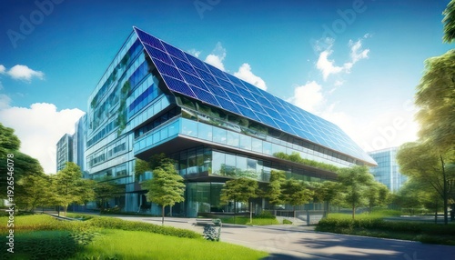 Modern Green Building with Solar Panels and Lush Landscape.