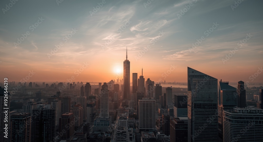 Fototapeta premium Sunrise perspective on urban development and open sky above