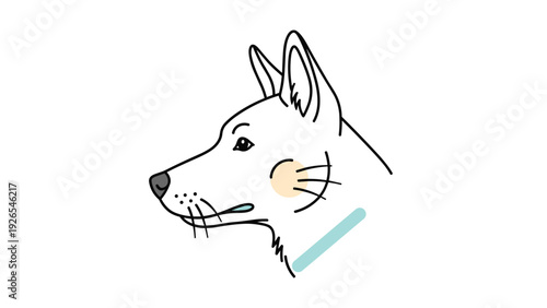 Line drawing of a dog head in profile with a teal collar and light tan cheek markings on a plain white background for pet themes.