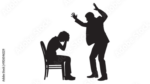 Silhouettes angry man shouting with raised hands at seated person holding head on chair, domestic abuse conflict scene, intimidation and stress concept on white