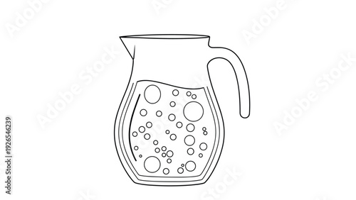 Simple black and white line drawing of a glass pitcher filled with water and rising bubbles for refreshing beverage concepts.