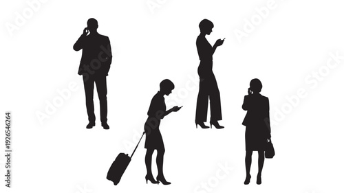 Business people silhouettes set with men and women using smartphones, calling and texting, one traveler with suitcase, isolated black figures on white background