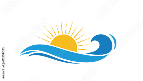 Graphic illustration of a bright yellow sun setting or rising behind a stylized blue ocean wave for travel and summer concepts.