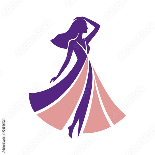 Logotipo de boutique de moda femenina. Dibujo sencillo con la silueta de una mujer con la mano en el cabello con un vestido, vista de perfil 