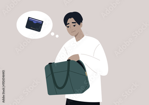 A person suddenly remembers a forgotten cardholder and hurriedly searches for it inside their bag.