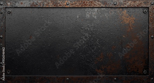 close up of textured dark steel sheet with riveted border and weathered iron post background with copy space