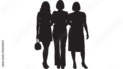 Women friends silhouette trio walking together, stylish female figures with handbag and dresses, black cutout people group isolated on white background