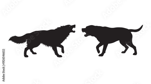 Dogs aggressive silhouette pair facing each other snarling and barking, black animal shapes isolated on white background, conflict concept for warning sign design