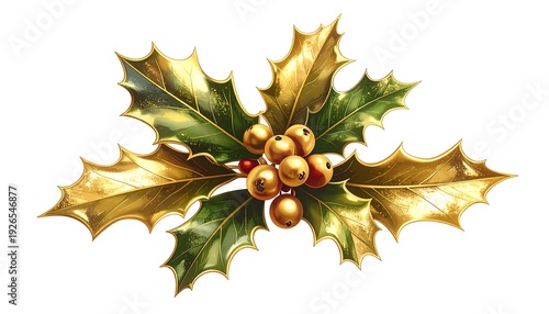 A vibrant digital illustration showcases detailed holly leaves, painted with a gradient of gold and green, and centered by berries