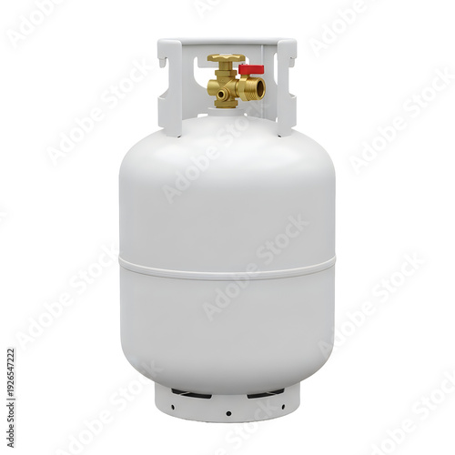 A large white propane tank with a gold valve isolated on transparent background