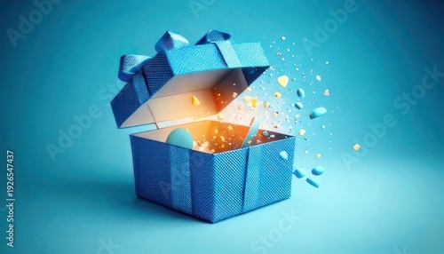 Mysterious Blue Gift Box with Glowing Contents and Ribbon.