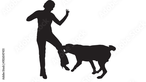 Silhouette woman training dog with obedience command gesture and pet responding, black cutout style isolated on white background, animal behavior and protection concept