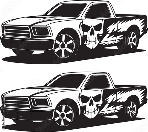 Two pickup trucks with skull designs on the side panel