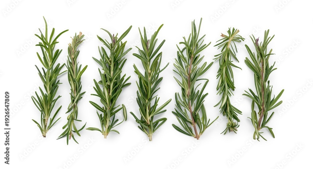 Fototapeta premium Scented rosemary stems laid out flat on white background featuring salvia rosmarinus