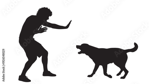 Silhouette man defending against aggressive dog attack, scared posture with raised hand and barking canine, danger and threat concept isolated on white background