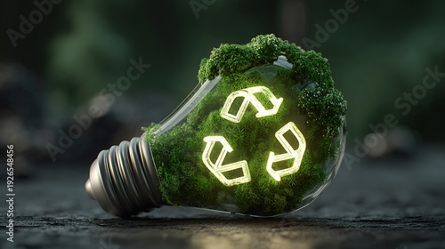Green recycle symbol inside a light bulb showcasing sustainable product pitch and eco-friendly concepts