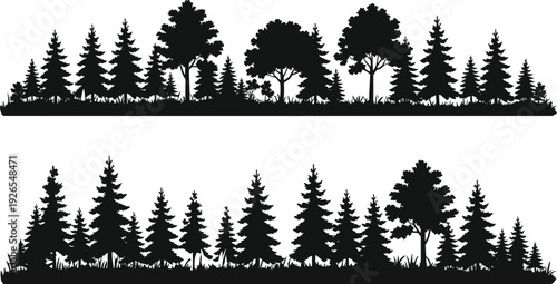 Forest tree silhouette collection, pine and deciduous woodland skyline, black nature landscape border, evergreen trees vector illustration isolated on white background
