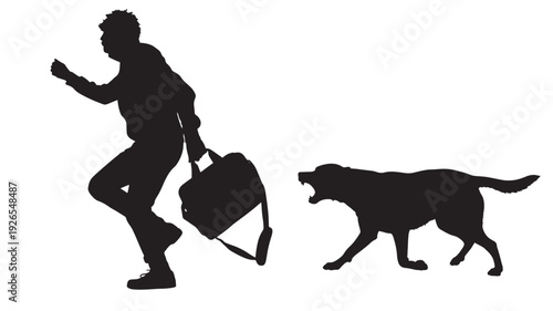 Man silhouette running with duffel bag while aggressive dog chases behind, black cutout isolated on white background, danger concept for crime, security and fear