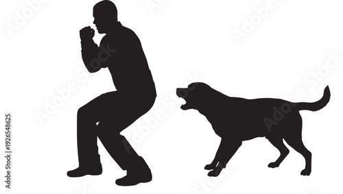 Dog attack silhouette chasing a frightened man running away, aggressive barking pet on white background, danger warning icon for safety, security, and caution concept