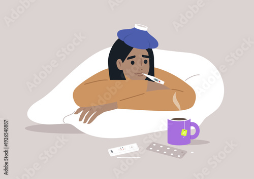 Character lays in bed, looking tired and sick, with a thermometer in mouth and a cooling pad on head, Cozy blankets and a cup of tea sit nearby, creating a warm, restful atmosphere
