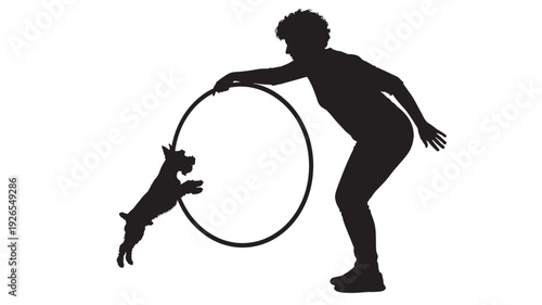 Silhouette woman training dog with hoop jump agility exercise, black cutout figure and puppy leaping through ring, isolated on white background, obedience sport