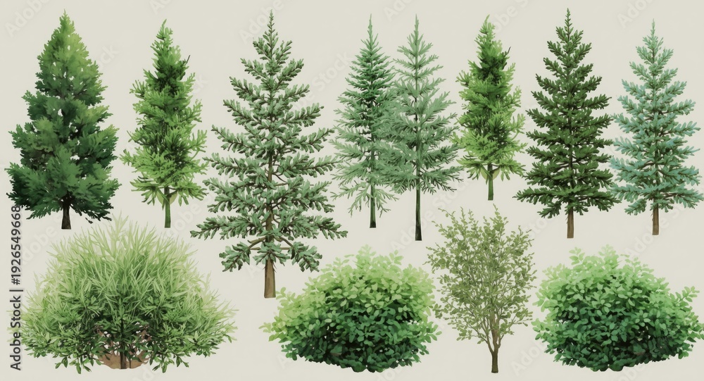 Fototapeta premium Decorative botanical illustration with watercolors showing coniferous trees and green shrubs