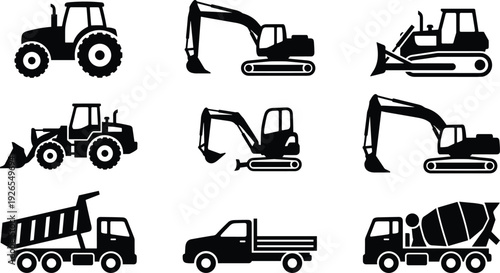 Construction vehicles silhouette set including excavator, bulldozer, tractor, dump truck and cement mixer isolated on white background for heavy equipment industry concept