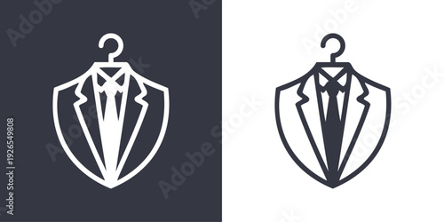 Logo sastrería de ropa de caballero. Dibujo con líneas de una percha con una chaqueta con camisa y corbata