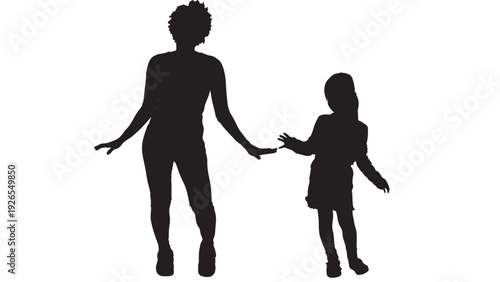 Silhouettes mother and daughter holding hands in playful pose, black isolated figures on white background, family bonding concept for parenting, love, care and childhood