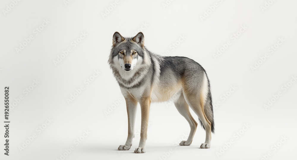 Obraz premium Gray wolf full length view with sharp features on white backdrop