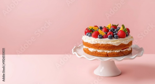 Sweet fruit embellished cake on a ceramic plate with pale pink background suited for copy space