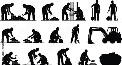 Construction workers silhouette set with builders laying bricks, welding steel and operating excavator isolated on white background for building industry and engineering concept