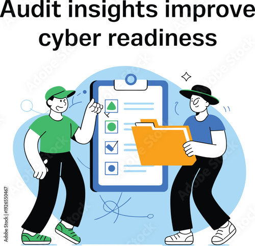 Two cartoon characters collaborating on audit checklist for digital security compliance to improve cyber readiness with data verification and technical business reports