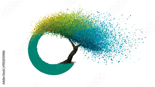Artistic illustration of a tree's colorful foliage, appearing to flow outward into a circle shape