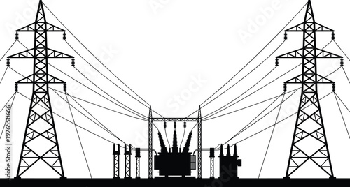 High voltage power transmission towers and electrical substation silhouette, electricity grid infrastructure with pylons and transformers isolated on white background for energy industry concept