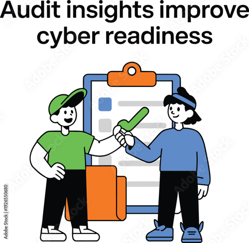 Two cartoon characters shaking hands in front of a giant checklist for audit insights improve cyber readiness security compliance and business teamwork illustration