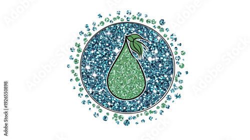 Circular design with a glitter background and a central droplet-shaped element with leaves