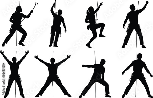 Industrial rope access worker silhouette set with climbers using safety harness and equipment isolated on white background for construction maintenance and rescue concept