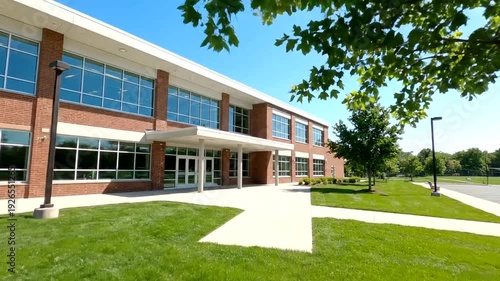 Exterior view of a modern school building on a sunny day.