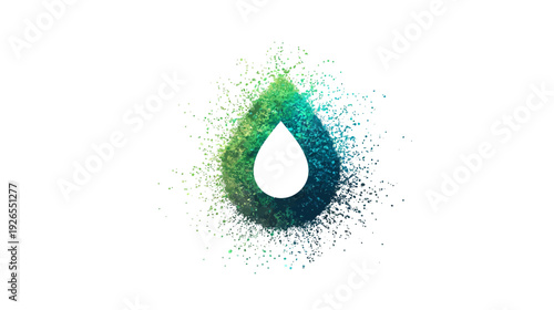 Abstract representation of a drop shape with colorful particles around a white teardrop