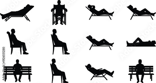 People resting silhouette set with men sitting, lying and relaxing on chair, bench and sun lounger isolated on white background for leisure lifestyle concept