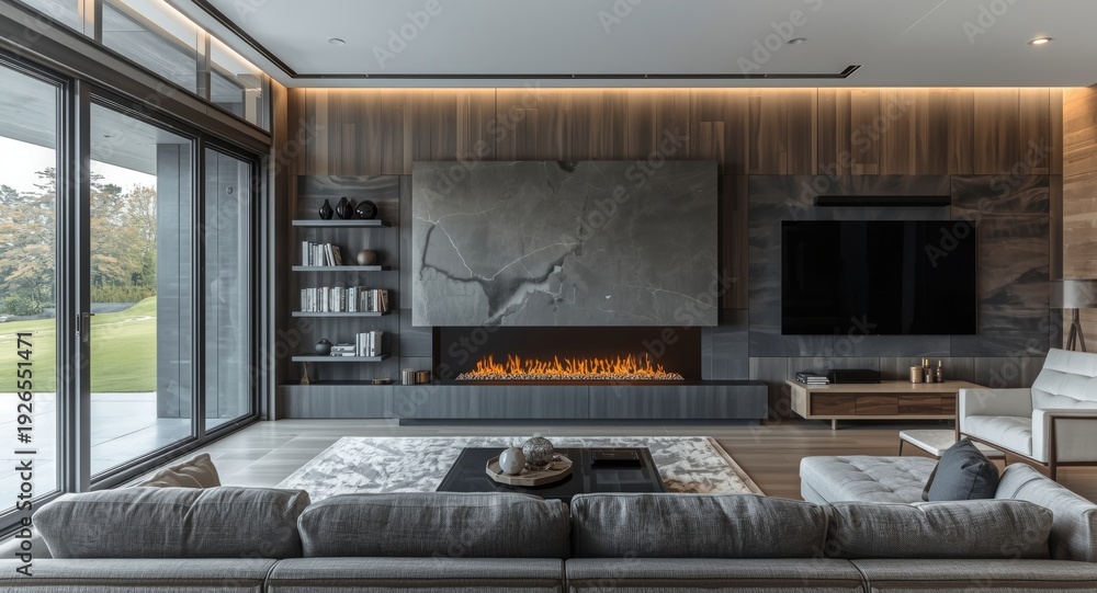 Fototapeta premium Luxurious living room with a sleek contemporary fireplace, large glass doors, and an expansive TV