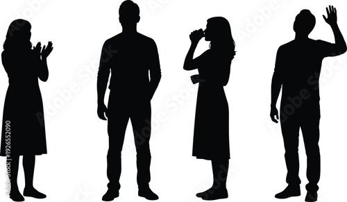 Human silhouette people set, standing men and women gestures, black shadow figures isolated on white background, communication concept illustration