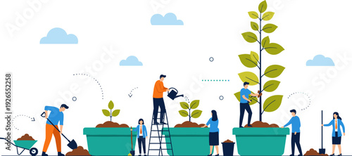 Business growth concept vector illustration, team nurturing plant, career development, teamwork success, corporate progress metaphor design scene