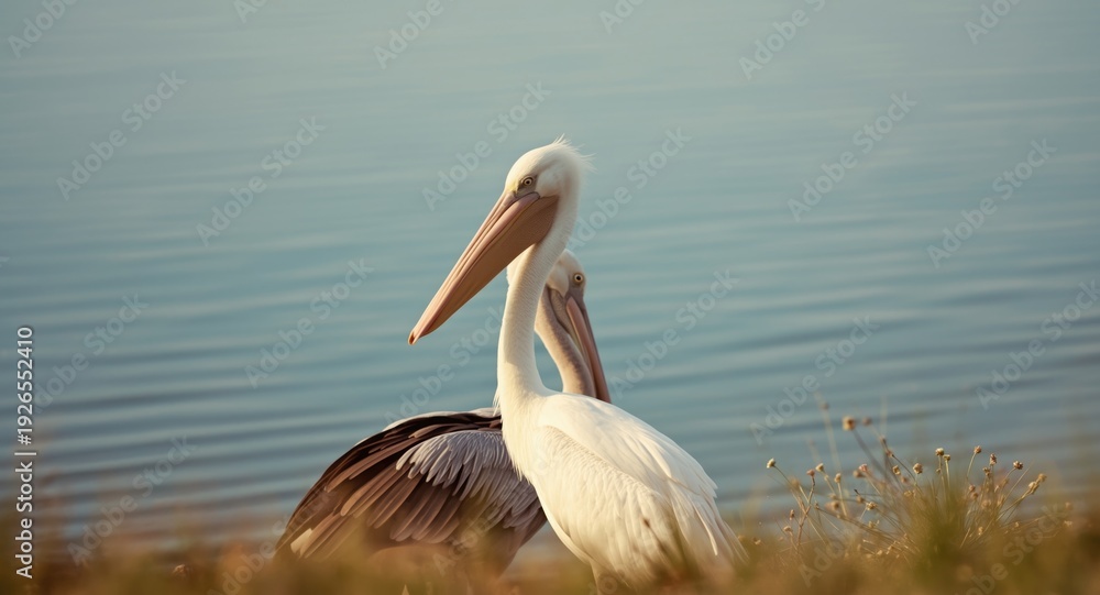 Fototapeta premium Happy great white egret and pelican by the smooth water surface