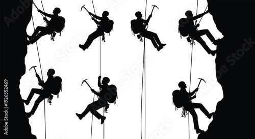 Rock climber rappelling and ascending cliff silhouette set with rope and ice axe isolated on white background for mountaineering adventure and extreme sport concept