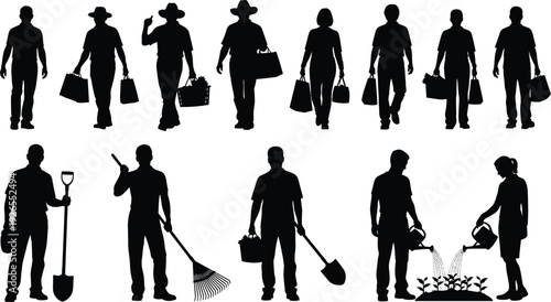 Shopping and gardening people silhouette set with men and women carrying bags, tools and watering plants isolated on white background for retail and agriculture concept