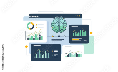 Flat vector illustration of artificial intelligence analyzing stock market data for predictive trading.