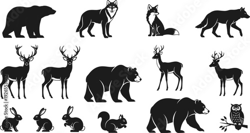 Forest animals silhouette vector collection, wildlife mammals illustration set, bear wolf deer fox rabbit owl squirrel isolated icons
